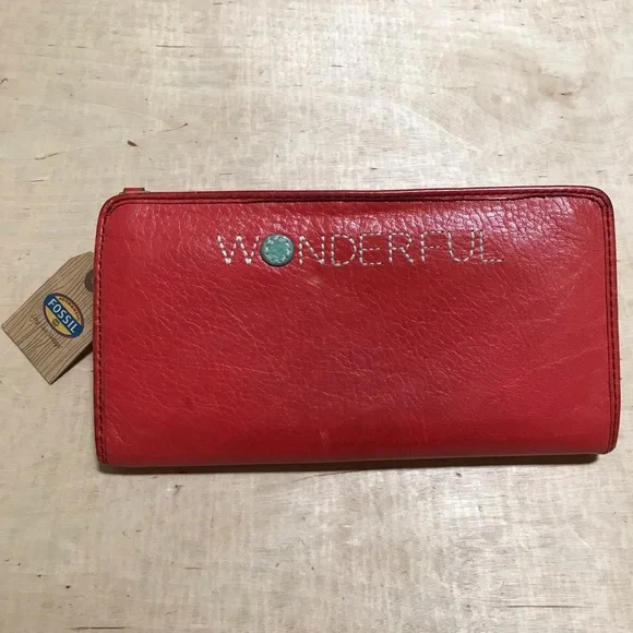 Fossil Hunter Zip Clutch Tomato Wallet Red Leather - Picture 1 of 7